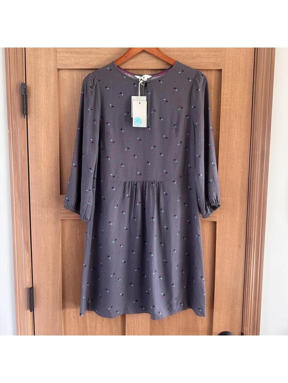NWT Boden Nerissa Pom Pom 3/4 Puff Sleeve Mini Dress Charcoal Gray Women’s 2R
